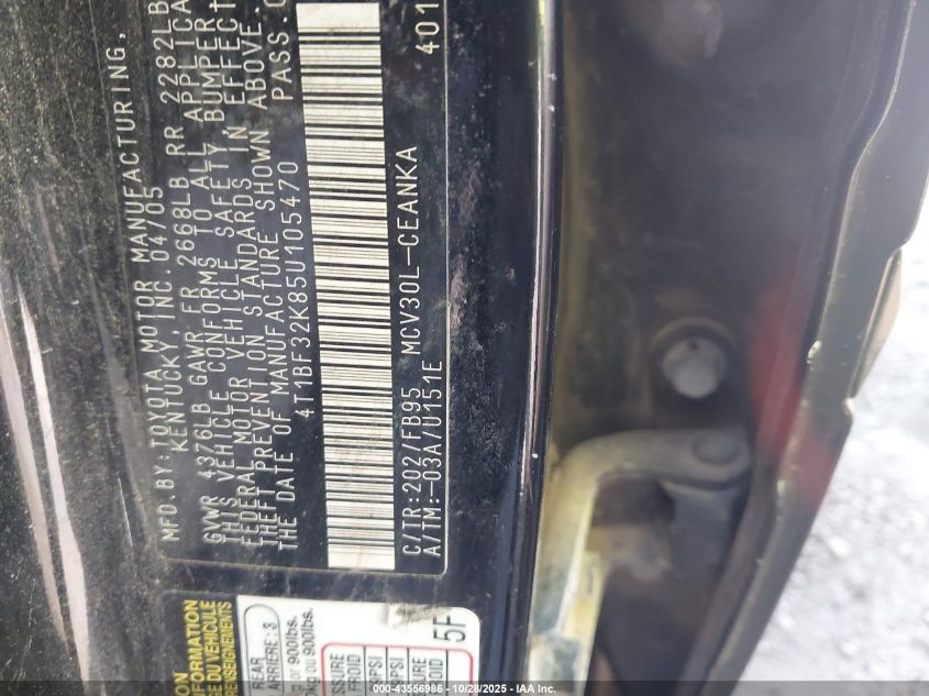 2005 Toyota Camry Le V6 VIN: 4T1BF32K85U105470 Lot: 43556986