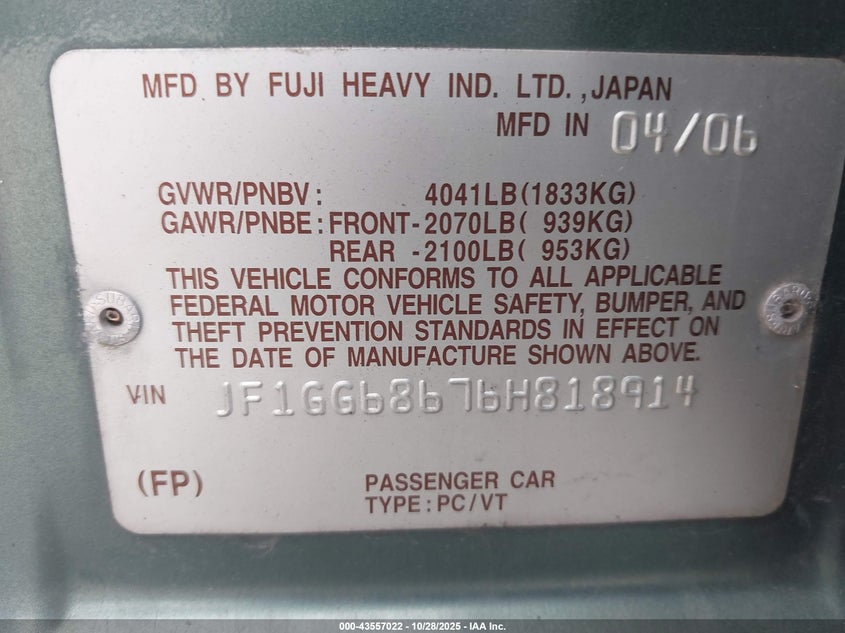 2006 Subaru Impreza Outback Sport VIN: JF1GG68676H818914 Lot: 43557022