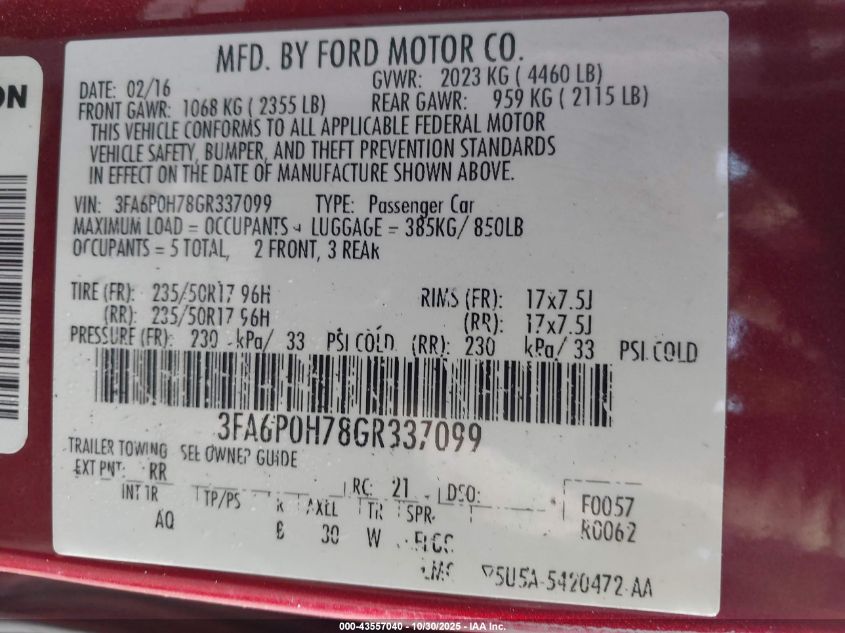 2016 Ford Fusion Se VIN: 3FA6P0H78GR33709 Lot: 43557040