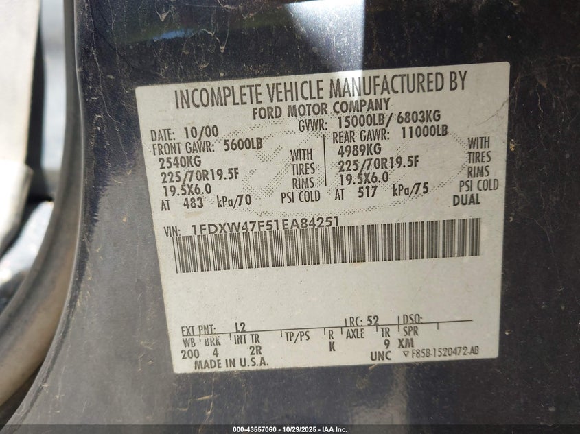 2001 Ford F-450 Lariat/Xl/Xlt VIN: 1FDXW47F51EA84251 Lot: 43557060
