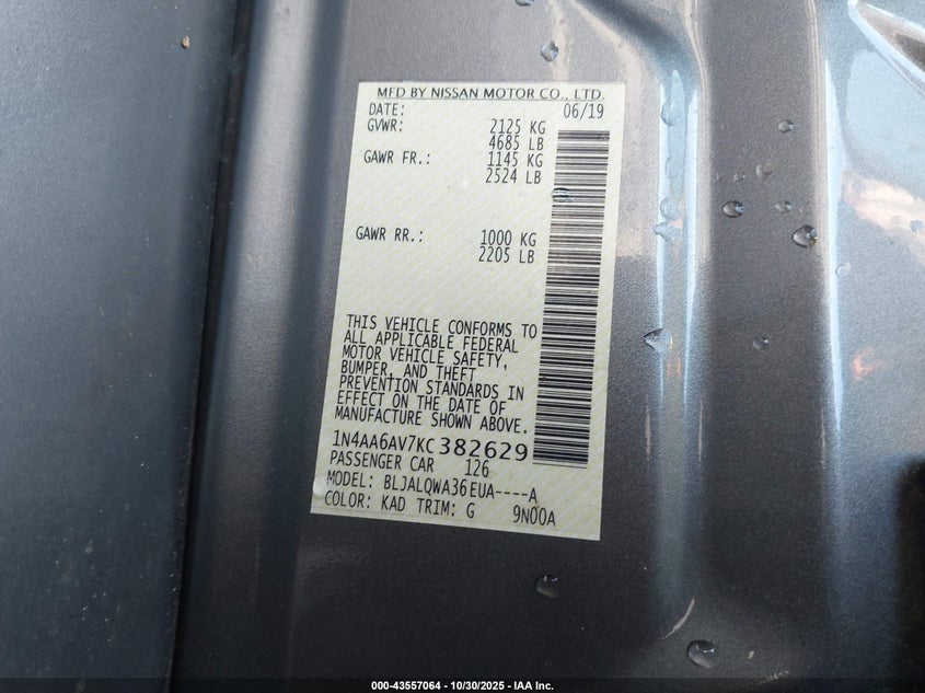 2019 Nissan Maxima 3.5 S VIN: 1N4AA6AV7KC382629 Lot: 43557064