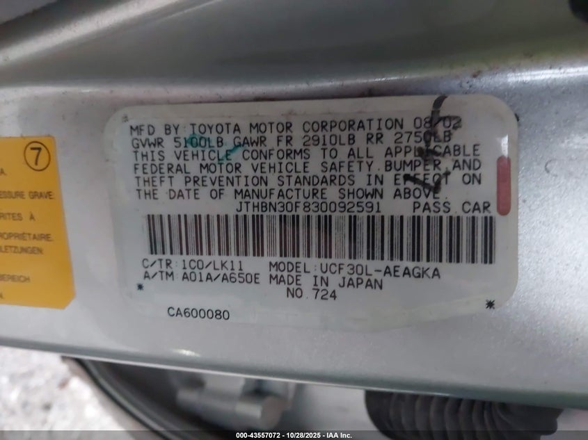 2003 Lexus Ls 430 VIN: JTHBN30F830092591 Lot: 43557072