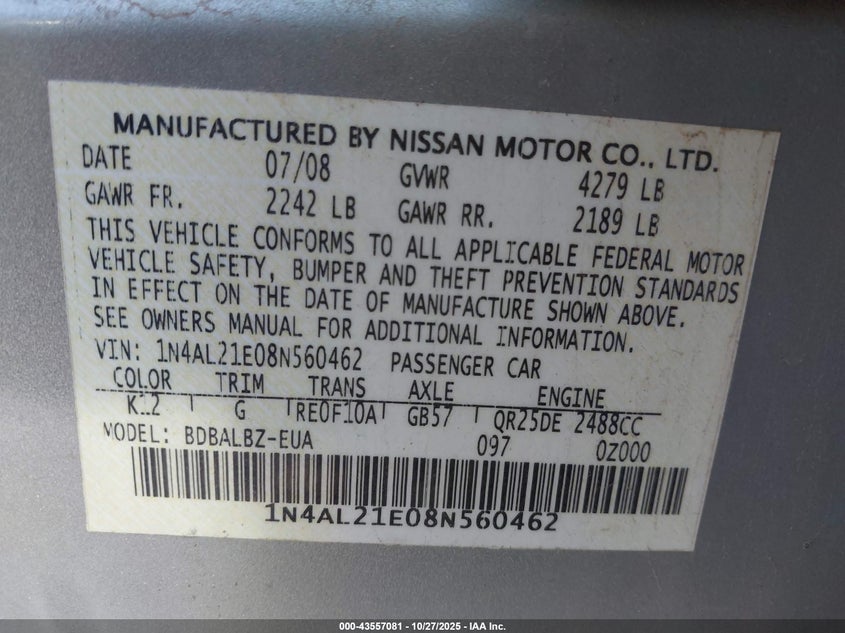 1N4AL21E08N560462 2008 NISSAN ALTIMA photo no. 9