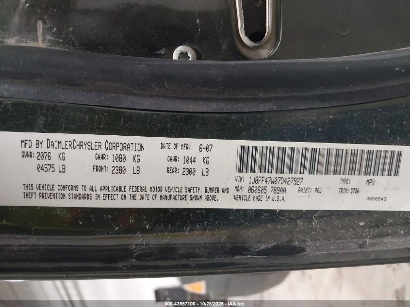 2007 Jeep Compass Sport VIN: 1J8FF47W07D427927 Lot: 43557100