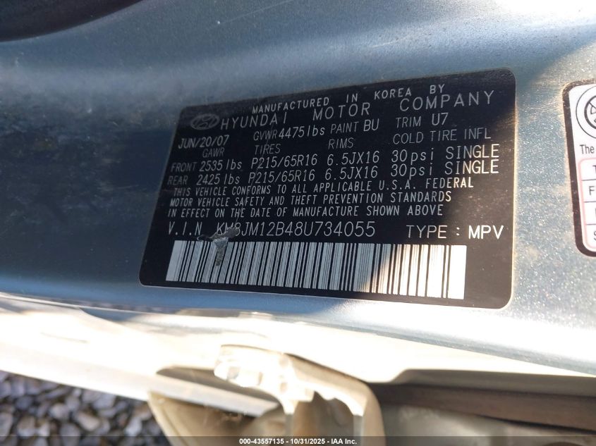 2008 Hyundai Tucson Gls VIN: KM8JM12B48U734055 Lot: 43557135