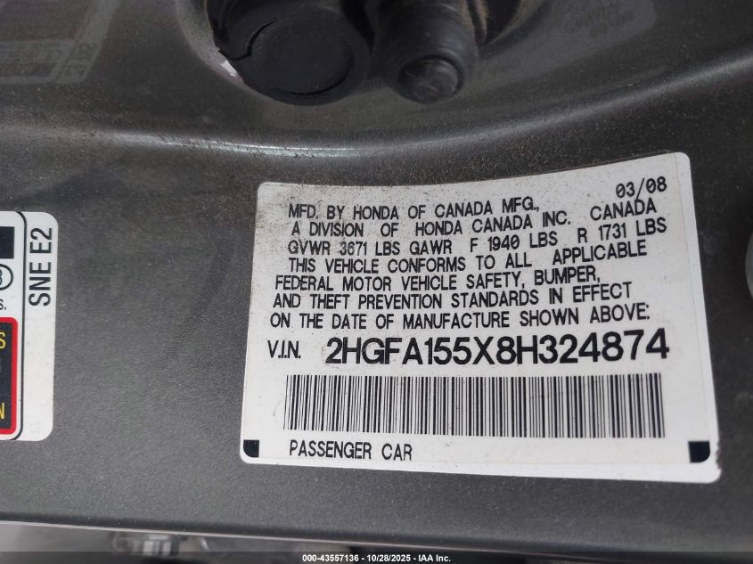 2008 Honda Civic Lx VIN: 2HGFA155X8H324874 Lot: 43557136