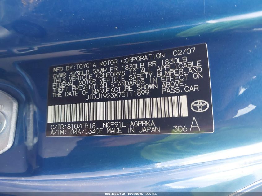 2007 Toyota Yaris VIN: JTDJT923X75111899 Lot: 43557152