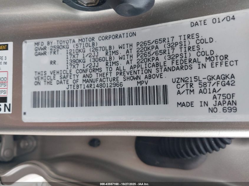 2004 Toyota 4Runner Sr5 V8 VIN: JTEBT14R148012966 Lot: 43557168