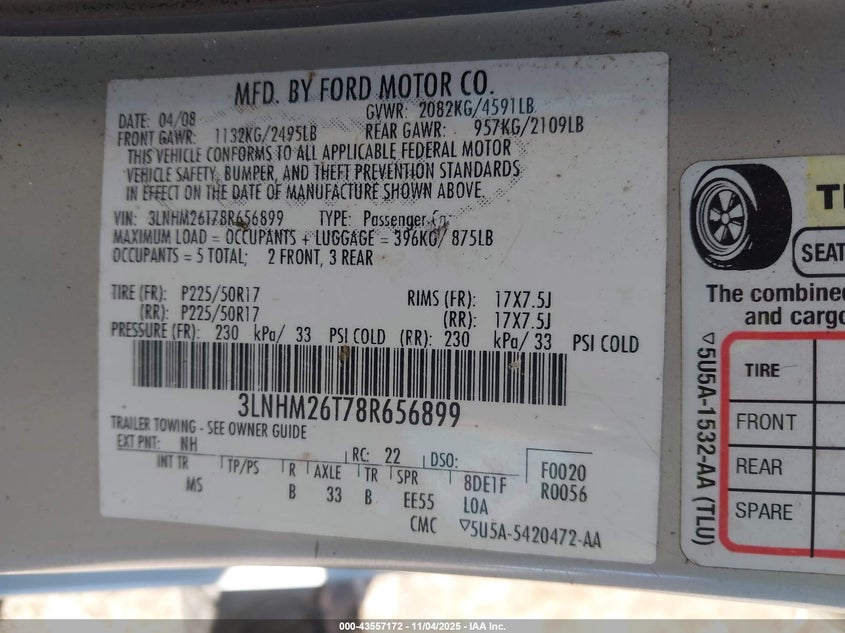 2008 Lincoln Mkz VIN: 3LNHM26T78R656899 Lot: 43557172