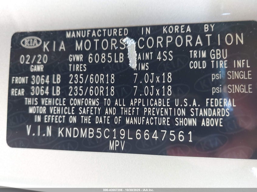 2020 Kia Sedona Ex VIN: KNDMB5C19L6647561 Lot: 43557206