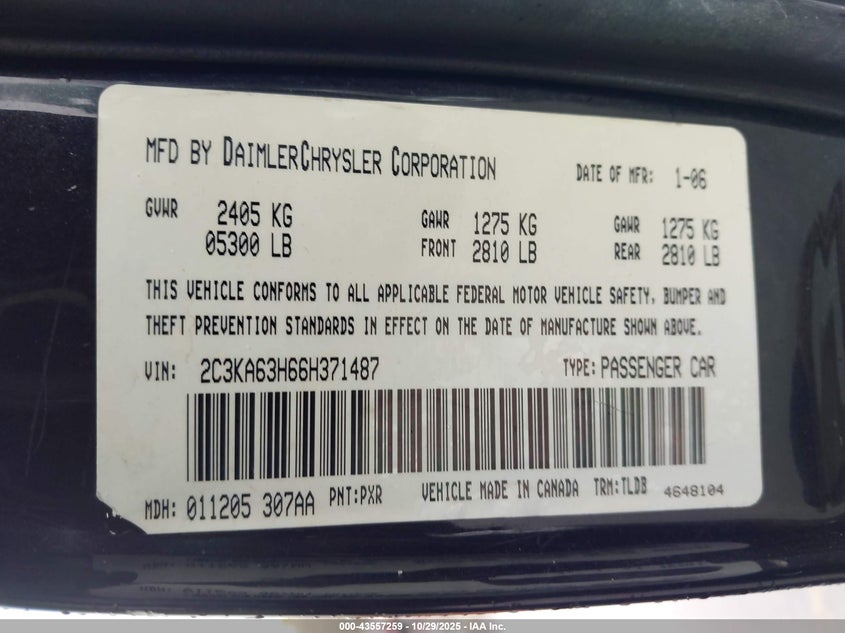 2006 Chrysler 300C VIN: 2C3KA63H66H371487 Lot: 43557259