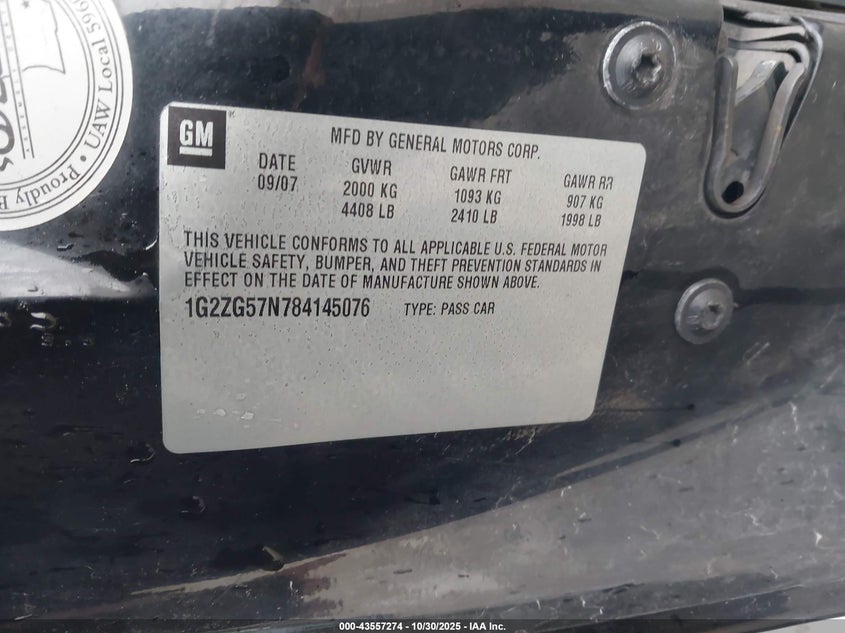 2008 Pontiac G6 VIN: 1G2ZG57N784145076 Lot: 43557274