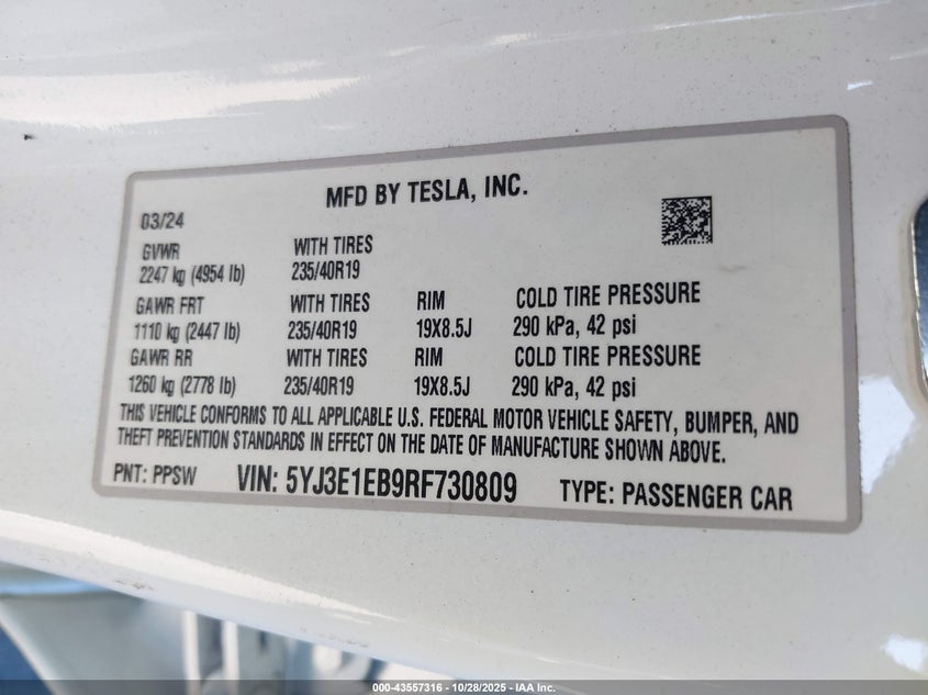 2024 Tesla Model 3 Long Range Dual Motor All-Wheel Drive VIN: 5YJ3E1EB9RF730809 Lot: 43557316