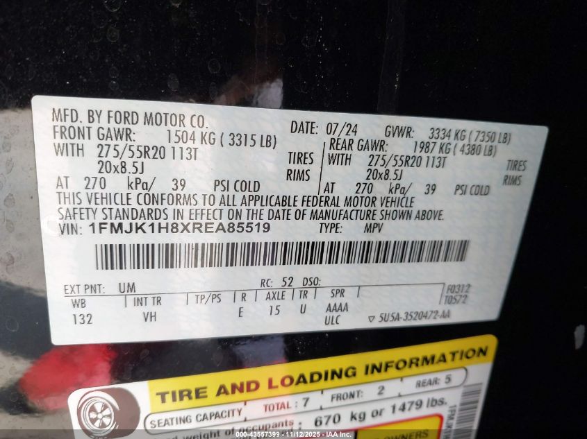 2024 Ford Expedition Xlt Max VIN: 1FMJK1H8XREA85519 Lot: 43557399