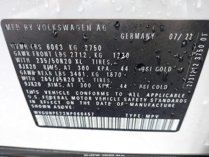 2022 Volkswagen Id.4 Awd Pro S VIN: WVGUNPE22NP060457 Lot: 43557468