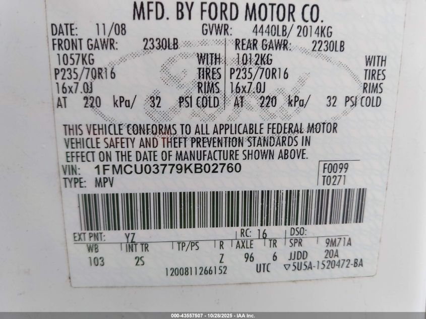 2009 Ford Escape Xlt VIN: 1FMCU03779KB02760 Lot: 43557507