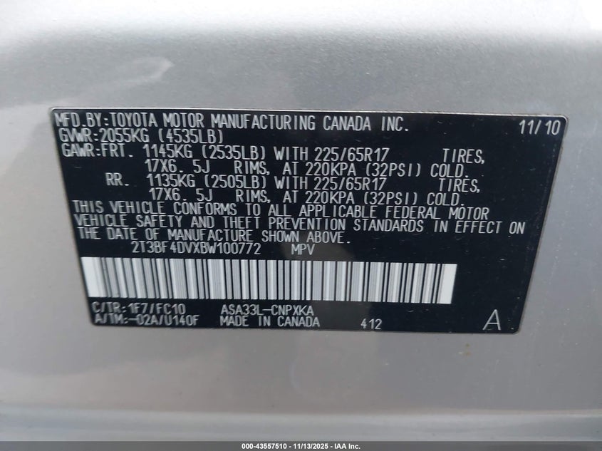 2011 Toyota Rav4 VIN: 2T3BF4DVXBW100772 Lot: 43557510