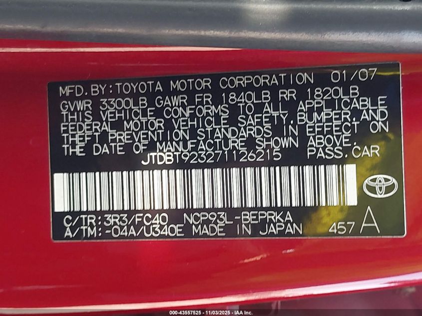 2007 Toyota Yaris VIN: JTDBT923271126215 Lot: 43557525