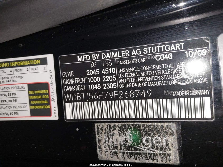 2009 Mercedes-Benz Clk 350 VIN: WDBTJ56H79F268749 Lot: 43557533
