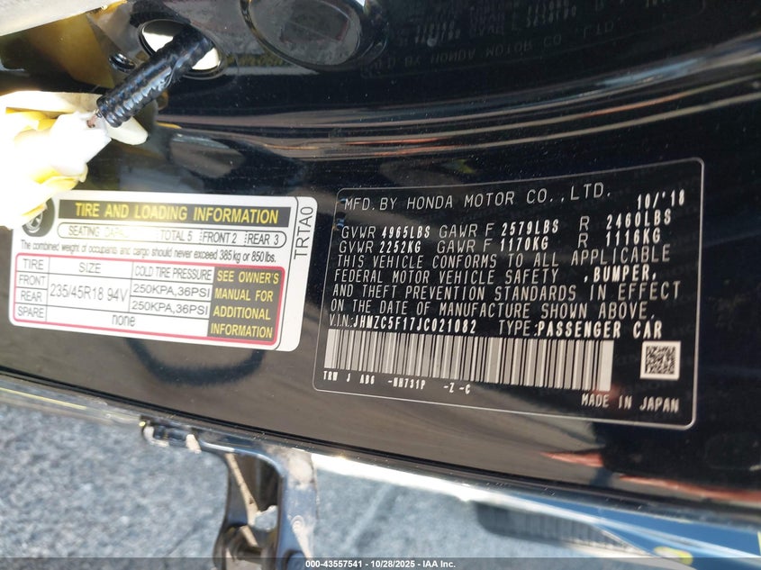 2018 Honda Clarity Plug-In Hybrid VIN: JHMZC5F17JC021082 Lot: 43557541