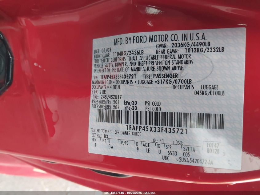 2003 Ford Mustang Gt VIN: 1FAFP45X33F435721 Lot: 43557546
