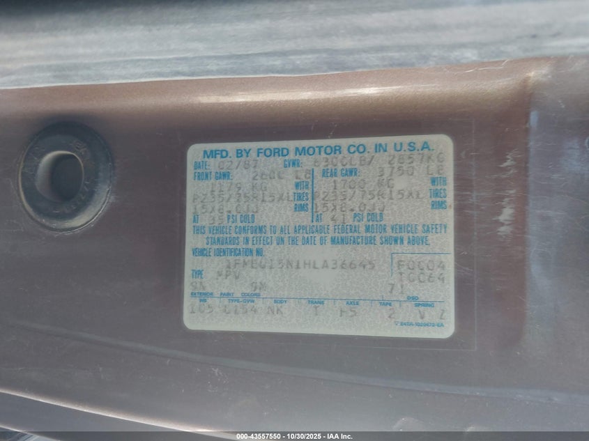 1987 Ford Bronco U100 VIN: 1FMEU15N1HLA36645 Lot: 43557550