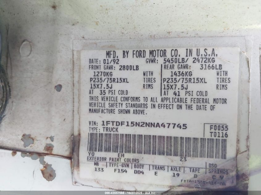 1992 Ford F150 VIN: 1FTDF15N2NNA47745 Lot: 43557566
