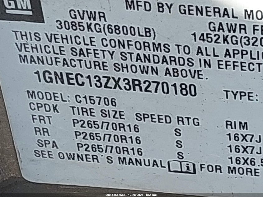 2003 Chevrolet Tahoe Lt VIN: 1GNEC13ZX3R270180 Lot: 43557585
