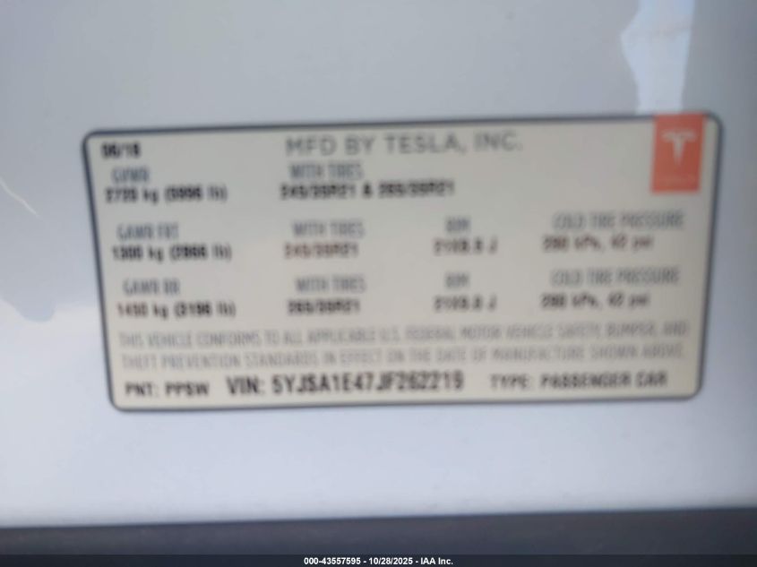 2018 Tesla Model S VIN: 5YJSA1E47JF262219 Lot: 43557595