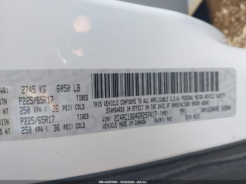 2016 Chrysler Town & Country Touring VIN: 2C4RC1BG4GR297417 Lot: 43557606