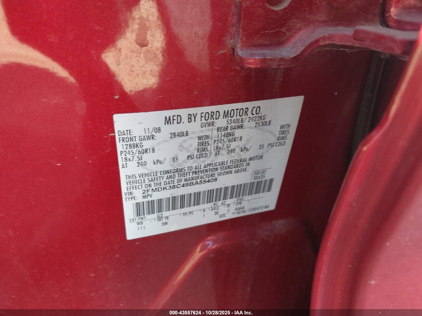 2009 Ford Edge Sel VIN: 2FMDK38C49BA55408 Lot: 43557624