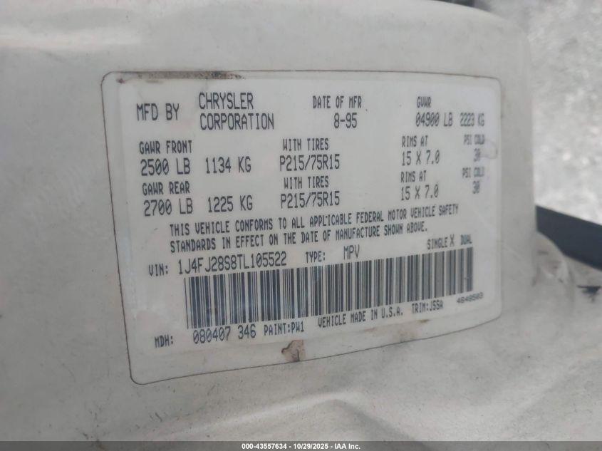 1996 Jeep Cherokee Se VIN: 1J4FJ28S8TL105522 Lot: 43557634