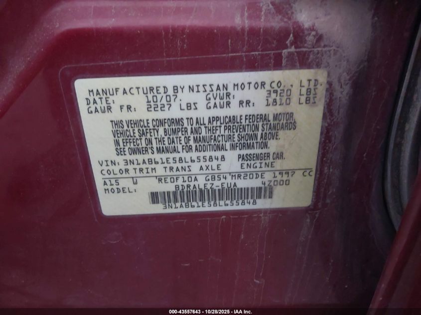 2008 Nissan Sentra 2.0S VIN: 3N1AB61E58L655848 Lot: 43557643