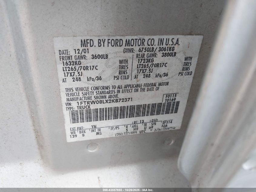 2002 Ford F-150 Lariat/Xlt VIN: 1FTRW08LX2KB72371 Lot: 43557655