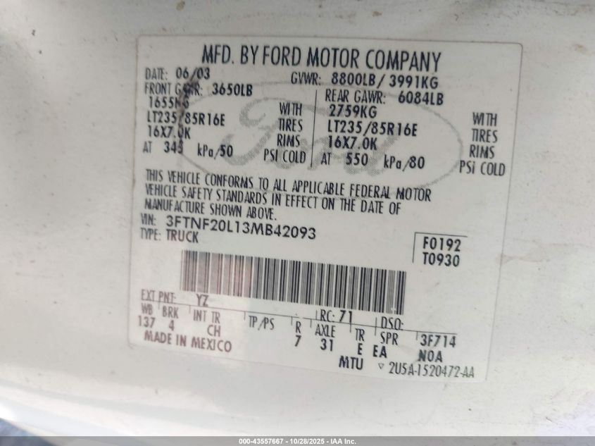 2003 Ford F-250 Xl/Xlt VIN: 3FTNF20L13MB42093 Lot: 43557667