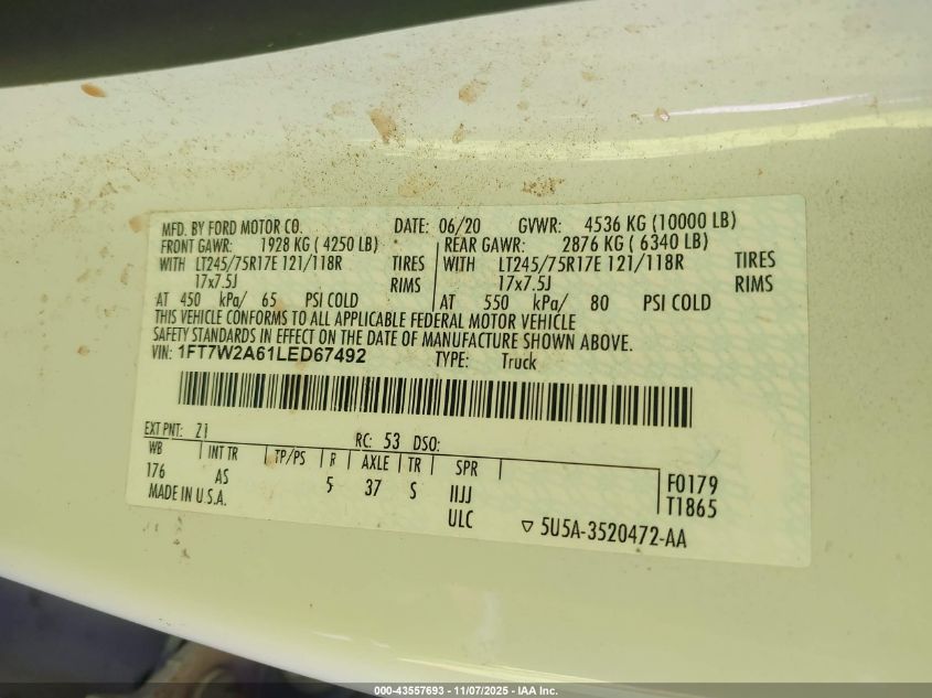 2020 Ford F-250 Xl VIN: 1FT7W2A61LED67492 Lot: 43557693