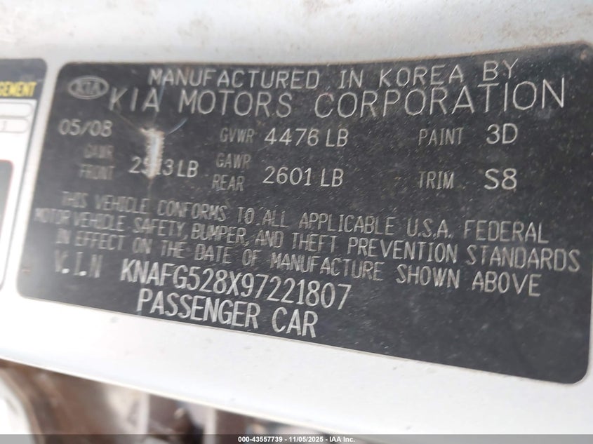 2009 Kia Rondo Lx VIN: KNAFG528X97221807 Lot: 43557739