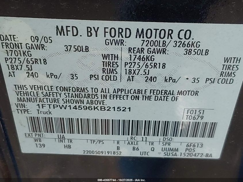 2006 Ford F-150 Fx4/Lariat/Xlt VIN: 1FTPW14596KB21521 Lot: 43557744