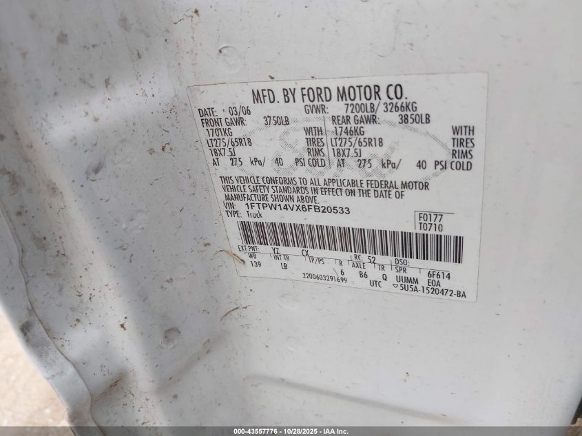 2006 Ford F-150 VIN: 1FTPW14VX6FB20533 Lot: 43557776