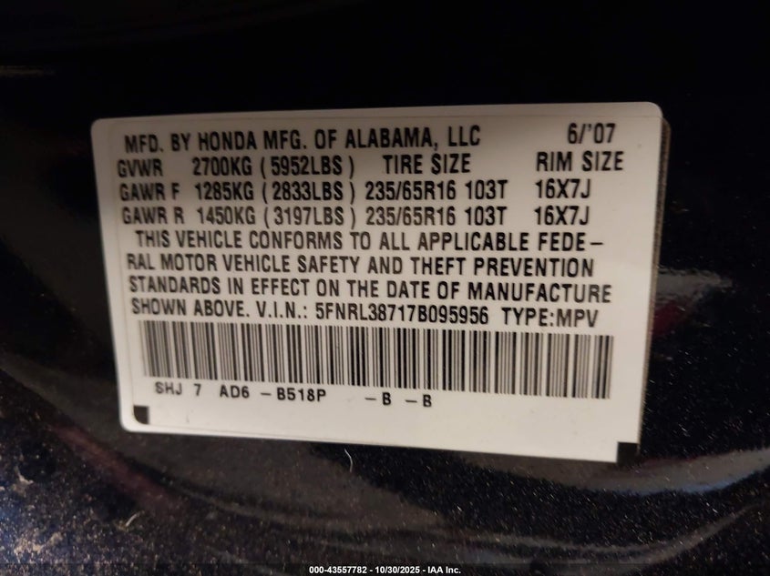 5FNRL38717B095956 2007 HONDA ODYSSEY photo no. 9
