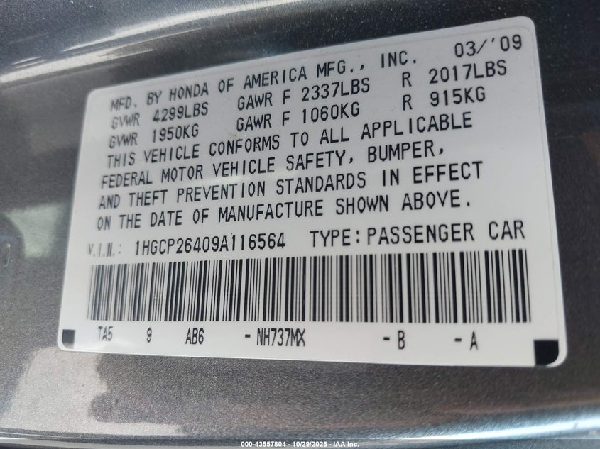 1HGCP26409A116564 2009 HONDA ACCORD photo no. 9