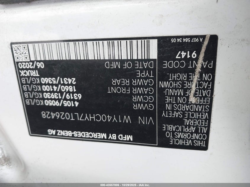 2020 Mercedes-Benz Sprinter 2500 High Roof I4 VIN: W1Y40CHY7LT026428 Lot: 43557806