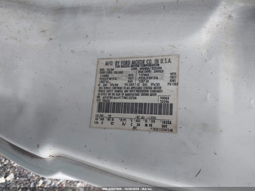 2001 Mazda B3000 Ds/Se VIN: 4F4YR16U91TM15236 Lot: 43557809