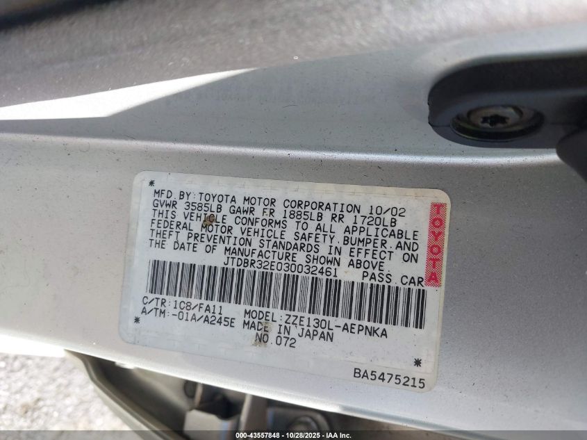 2003 Toyota Corolla Le VIN: JTDBR32E030032461 Lot: 43557848