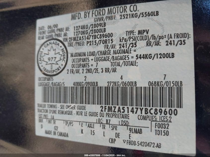 2000 Ford Windstar Lx VIN: 2FMZA5147YBC89600 Lot: 43557886