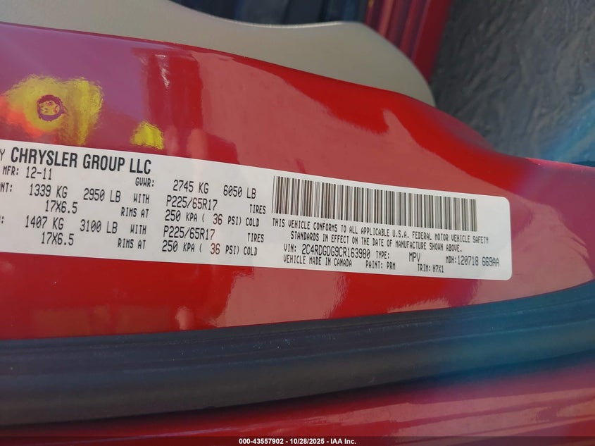 2012 Dodge Grand Caravan Crew VIN: 2C4RDGDG9CR163980 Lot: 43557902