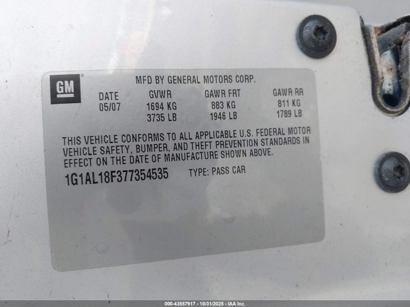 2007 Chevrolet Cobalt Lt VIN: 1G1AL18F377354535 Lot: 43557917