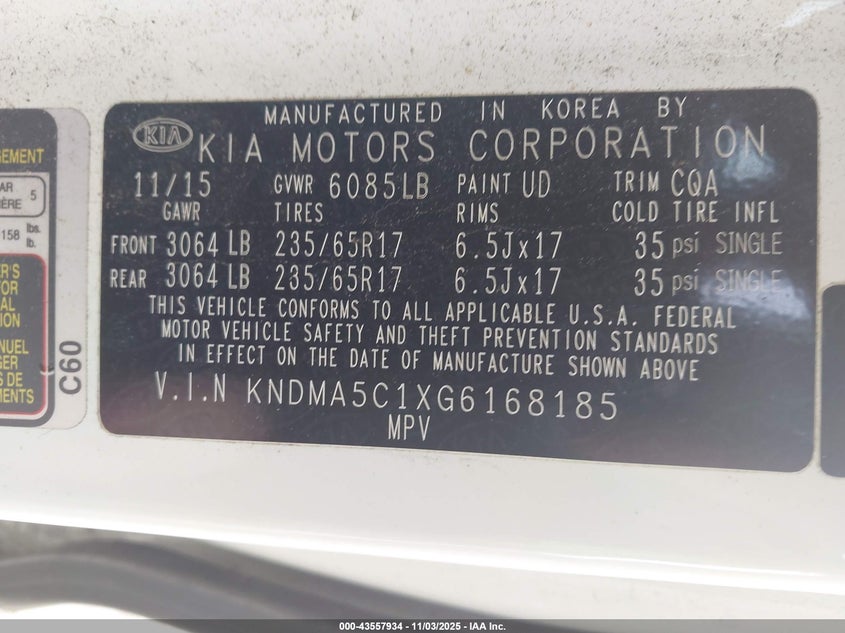 2016 KIA SEDONA L KNDMA5C1XG6168185
