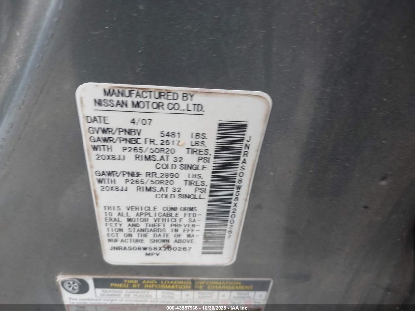 2008 Infiniti Fx35 VIN: JNRAS08W58X200267 Lot: 43557936