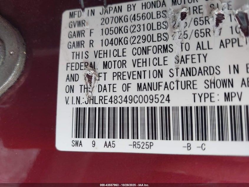 2009 Honda Cr-V Lx VIN: JHLRE48349C009524 Lot: 43557963